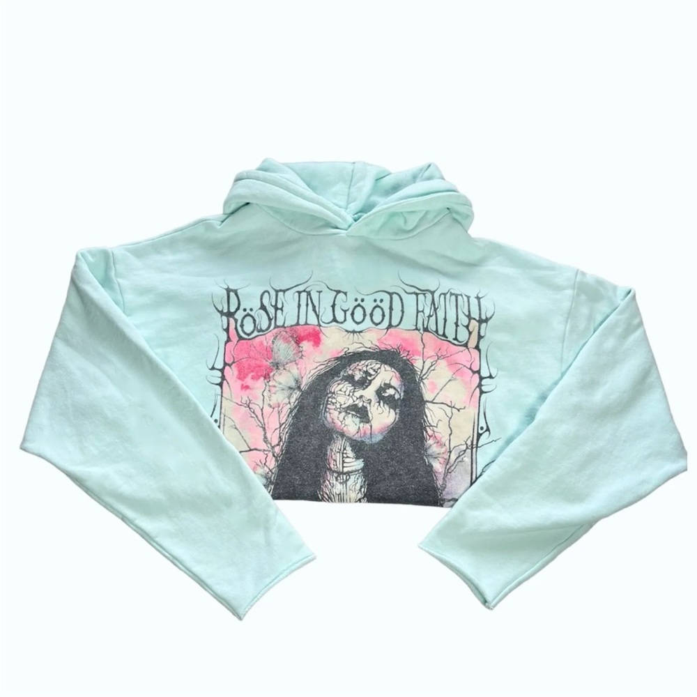 ROSE IN GOOD FAITH  BLACK WATER Light Blue Raw Hoodie Goth Oversized Sweatshirt